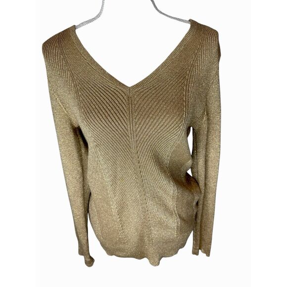 Lauren Ralph Lauren Gold Ribbed V-Neck Knit Sweater Size XL - Picture 1 of 6
